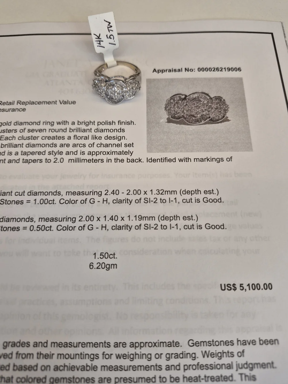 14kwg 1.5ct TW Natural Diamond Size 9 Ring with $5100 GIA GG Appraisal. 6.2g